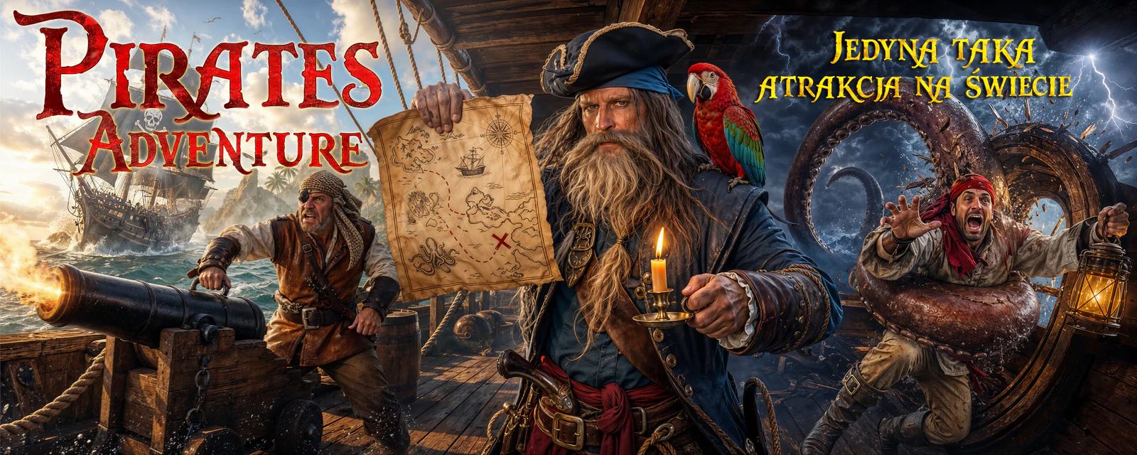 Pirates Adventure Misdroy: der Kapitän mit der Schatzkarte, Piraten an der Kanone und die Fangarme des Krakens