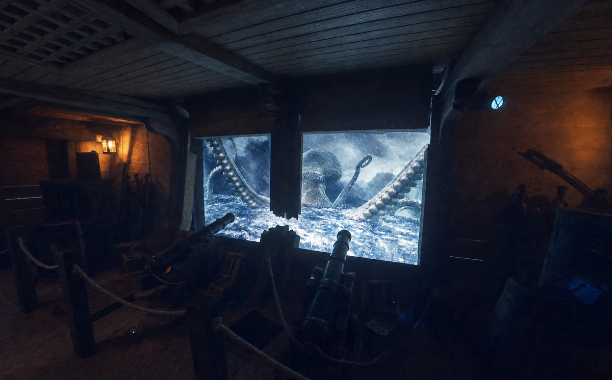 Die Fangarme des Krakens auf dem Bildschirm in der Bordwand