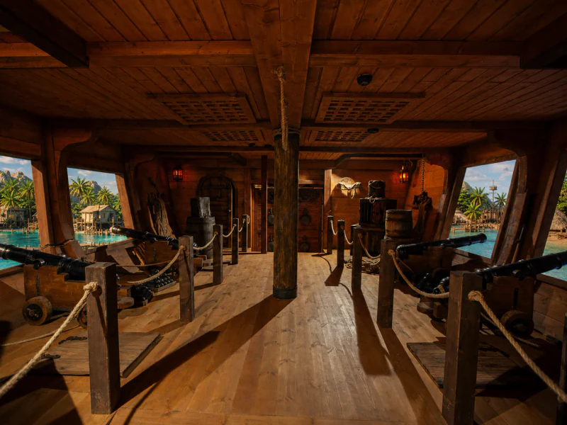 Das Innere des Decks mit Tauen und Balken
